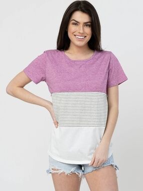 NWOT Nursing Queen Hidden Zipper Colorblock Purple And Gray Short Sleeve Tee